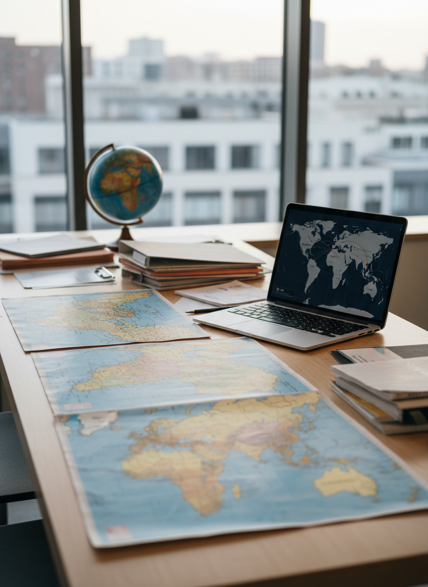 Une grande table de travail en bois clair couverte de cartes géopolitiques colorées, d’un globe détaillé et de dossiers juridiques et économiques soigneusement empilés. Un ordinateur portable ouvert affiche un graphique de flux commerciaux et une carte du monde stylisée, sans texte lisible. La scène est installée près d’une large fenêtre donnant sur un paysage urbain flou. Une lumière de fin d’après-midi, douce et naturelle, éclaire les cartes et crée des reflets subtils sur l’écran. Photographie prise à hauteur de table, avec une profondeur de champ réduite mettant en nette précision le centre de la table, pour une ambiance studieuse, claire et moderne, évoquant l’analyse rigoureuse mais accessible des enjeux internationaux.
