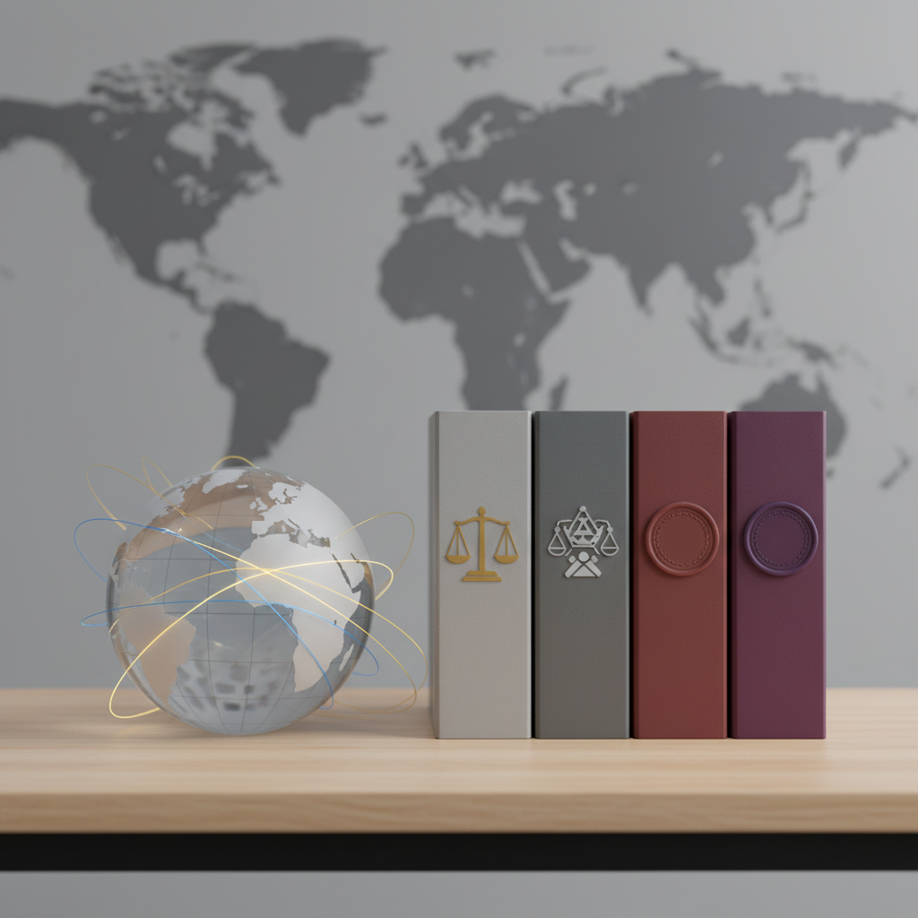 Un bureau minimaliste en bois clair sur lequel repose un globe terrestre semi-transparent, traversé par des lignes lumineuses représentant des routes commerciales et des connexions diplomatiques. À côté, trois piles distinctes de dossiers : une avec des symboles de justice stylisés, une avec des icônes économiques abstraites, une avec des sceaux diplomatiques non textuels. L’arrière-plan montre un mur gris doux avec une grande carte du monde abstraite, en flou artistique. Éclairage studio doux, légèrement latéral, créant une atmosphère sérieuse mais pédagogique. Prise de vue en légère plongée, composition équilibrée et esthétique photographique réaliste, pour illustrer les liens entre droit, économie et diplomatie sans parti pris.