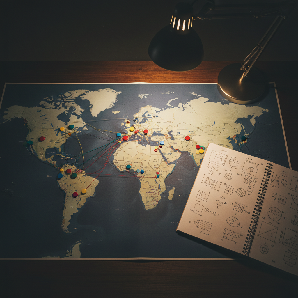 Une grande carte du monde imprimée sur un papier mat, étalée sur une table sombre, avec plusieurs marqueurs magnétiques de couleurs différentes indiquant des zones de conflit, des flux d’énergie et des alliances économiques. De fines ficelles colorées relient certains points, créant un réseau visuel complexe. À côté, un carnet ouvert rempli de schémas et d’icônes, sans texte. La scène est éclairée par une lampe de bureau moderne diffusant une lumière chaude et focalisée, laissant le reste de la pièce dans une pénombre douce. Photographie en vue plongeante, cadrage serré sur la carte, ambiance analytique et concentrée, évoquant un décryptage nuancé de l’actualité géopolitique.
